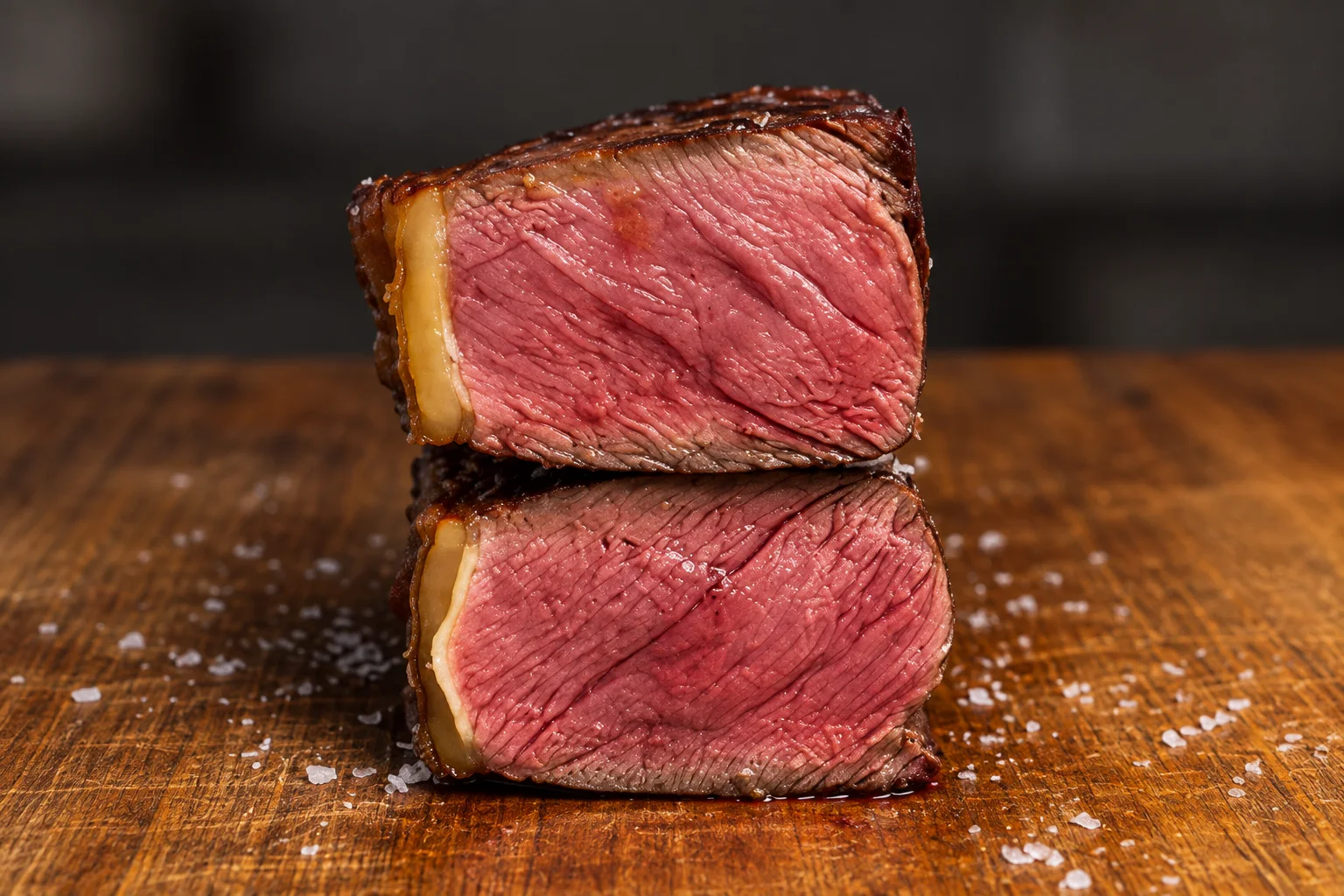 Two pieces of medium-rare porterhouse steak showing the cross-section